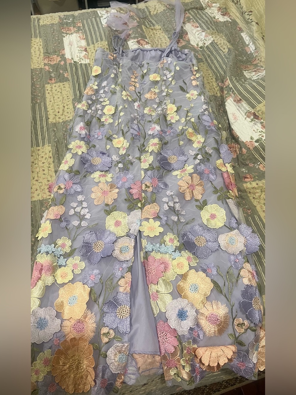 BIG SALE(3for $50)- Lilac Floral Embroidered Midi Dress with Tie-Shoulder Straps - Picture 5 of 8